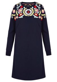 Abito lungo a maniche lunghe di colore navy con ricami floreali colorati attorno al collo. Tessuto morbido, vestibilità comoda e polsini a costine.