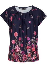 Marinblå blommig topp med korta ärmar, med rosa och lila blommor samt fjärilar, mjukt tyg, rynkad halsringning och ledig passform.