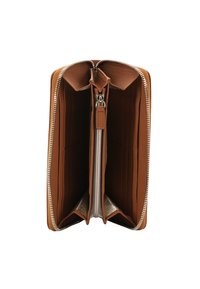 Brown leather wallet with a zip-around closure, featuring multiple card slots and a central zippered compartment. Smooth texture and minimalist design.
