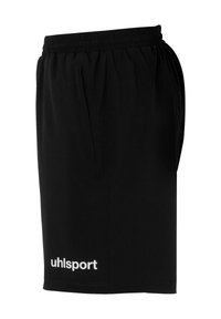 Sorte atletiske shorts lavet af blødt stof, med elastisk talje og sidelommer. "uhlsport" logo i hvidt ved kanten.