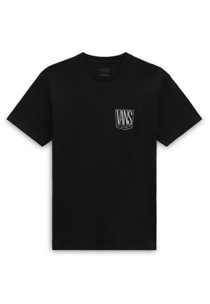 Schwarzes Vans T-Shirt mit kurzen Ärmeln und kleinem weißen Logo mit der Aufschrift "Vans Off The Wall Est. 1966" auf der linken Brust.