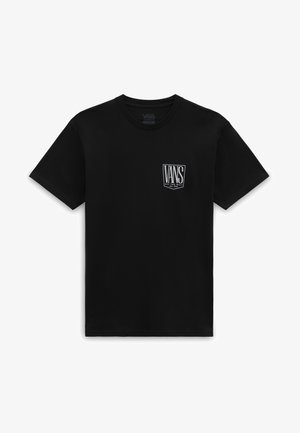 T-shirt noir à manches courtes Vans avec un petit logo blanc indiquant « Vans Off The Wall Est. 1966 » sur la poitrine gauche.