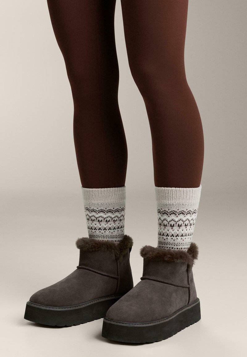 Szare zamszowe botki za kostkę z puszystym mankietem, połączone z białymi skarpetkami we wzory. Nogi ubrane w brązowe legginsy, prezentowane na neutralnym tle.