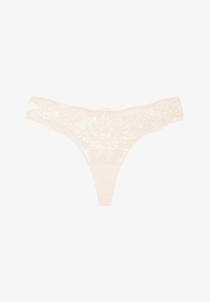 Spitzen-Tanga mit floralem Muster in hellbeige. Verfügt über gewellte Kanten und ein glattes Frontpanel. Delikate, weiche Textur.