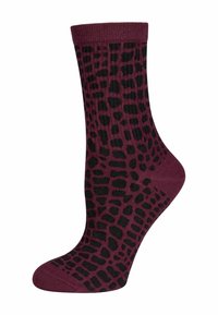 Burgunderfarbene Socken mit einem schwarzen Tiermuster, ausgestattet mit einem gerippten Bündchen und glatter Textur, entworfen für den lässigen Gebrauch.