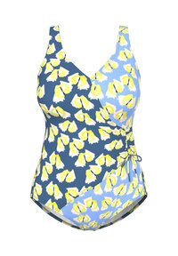Bañador de una pieza con un estampado floral azul y amarillo, con detalles fruncidos en los laterales y lazo ajustable. Tejido suave con tirantes anchos.