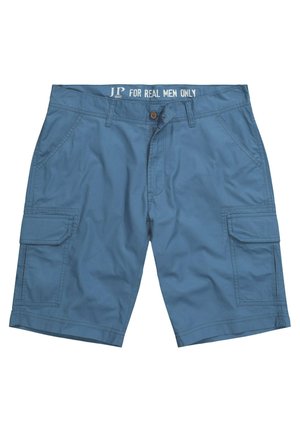 Pantalones cortos azul cargo hechos de una mezcla de algodón, con dos bolsillos laterales y dos bolsillos laterales adicionales con tapa. Cierre con botón y cremallera.