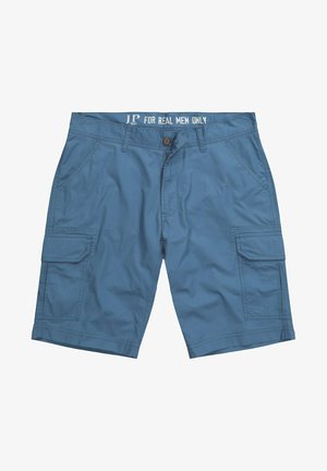 Blaue Cargo-Shorts aus einem Baumwollmischgewebe, ausgestattet mit zwei Seitentaschen und zwei zusätzlichen seitlichen Klappentaschen. Mit Knopf- und Reißverschluss.