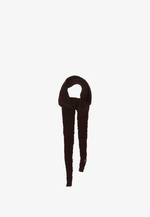 Burgundy scarf made of soft, fuzzy fabric. Features a circular loop at one end and two elongated tails. No visible patterns or hardware.