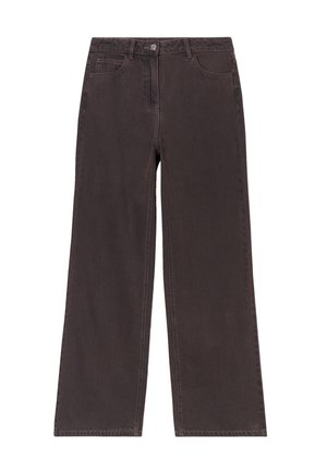 Jeans larghi marroni in denim, dotati di chiusura frontale con bottone, cinque tasche e dettagli di cucitura sottili.