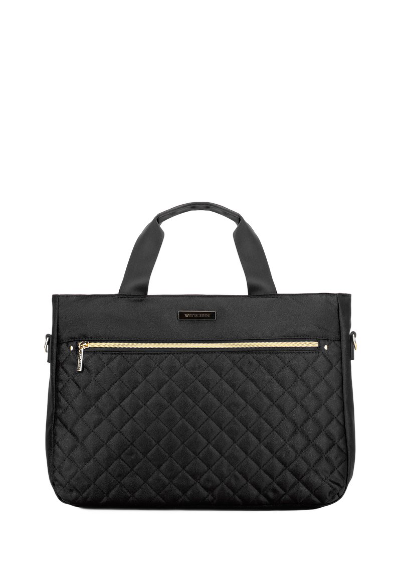 Quilted schwarze Tragetasche aus Nylonmaterial, mit zwei Griffen, einer vorderen Reißverschlusstasche und goldfarbenen Beschlägen. Klare Linien und strukturierte Form.