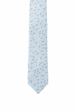 Helles blaues Hemd mit einer strukturierten Oberfläche, die ein dezentes Muster aus kleinen dunkelblauen Blütenformen aufweist. Geschwänzter Ende mit einer spitzen Spitze.
