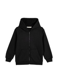Schwarze Zip-Hoodie aus weichem Stoff, mit großer Kapuze, zwei Vorderstaschen und gerippten Bündchen und Saum. Einfaches Design, keine Muster.
