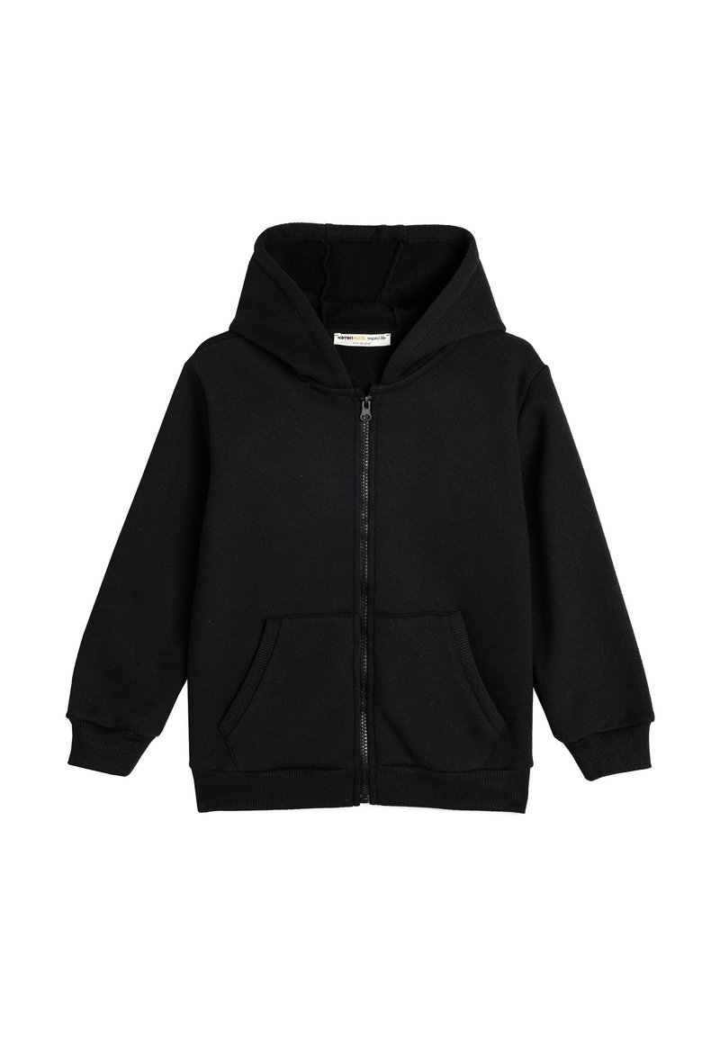 Schwarze Zip-Hoodie aus weichem Stoff, mit großer Kapuze, zwei Vorderstaschen und gerippten Bündchen und Saum. Einfaches Design, keine Muster.