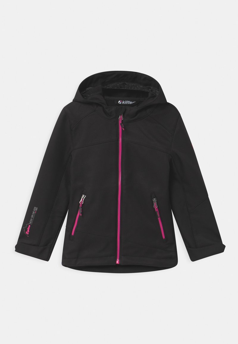 Veste softshell noire avec capuche, fermetures éclair roses, deux poches avant et détails du logo sur la manche et le col. Texture lisse.