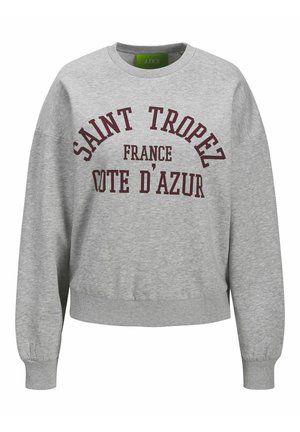 Šedá mikina s žebrovanými manžetami a lemem. Má velký burgundský potisk se slovním spojením "SAINT TROPEZ, FRANCE, COTE D'AZUR." Kolo výstřih.