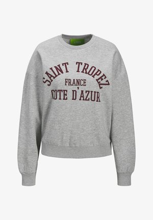 Šedá mikina s žebrovanými manžetami a lemem. Má velký burgundský potisk se slovním spojením "SAINT TROPEZ, FRANCE, COTE D'AZUR." Kolo výstřih.