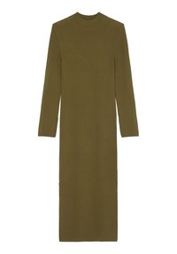 Robe en tricot côtelé vert olive à manches longues et col haut, présentant une coupe droite et des fentes sur les côtés.