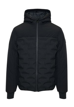 Černá péřová bunda s předním zipem a kapucí. Má prošívaný design a žebrované manžety. Vyrobena z hladkého syntetického materiálu.