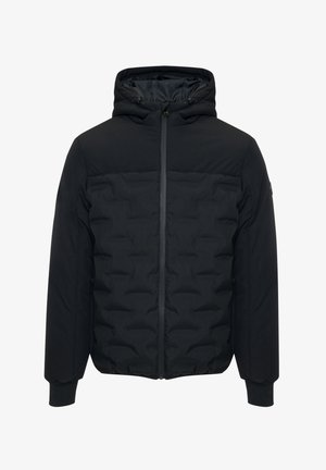 Chaqueta acolchada negra con cremallera en el frente y capucha. Cuenta con un diseño acolchado y puños acanalados. Fabricada con un material sintético suave.