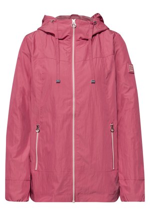 Giacca leggera rosa con cappuccio, cerniera frontale, coulisse sul cappuccio, tasche laterali con zip e una piccola toppa sulla manica sinistra.