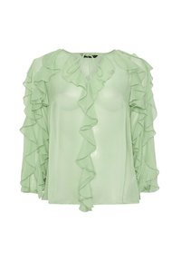 Blusa mint verde a maniche lunghe realizzata in tessuto leggero, con dettagli arricciati lungo il collo e le maniche. Legatura al collo.