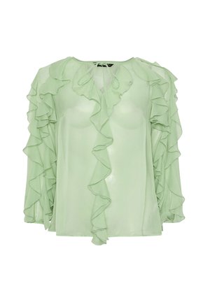 Minzgrüne Bluse mit langen Ärmeln aus leichtem Material, mit Rüschendetails entlang des Ausschnitts und der Ärmel. Mit Bindeband am Hals.