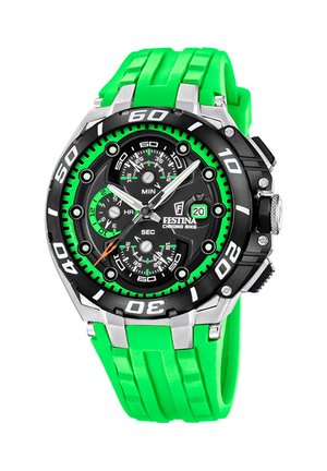 Montre sportive avec bracelet en silicone vert vif, cadran noir et vert, trois sous-cadrans, guichet date et lunette argentée et noire avec marquages blancs.