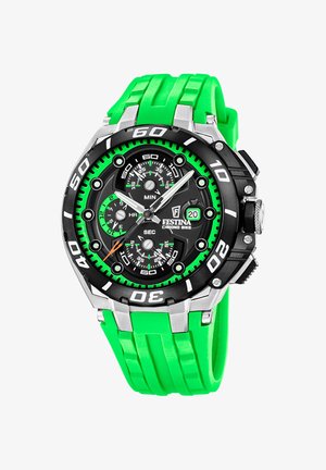 Sportief horloge met felgroene siliconen band, zwart-groene wijzerplaat, drie subdials, datumvenster en zilver-zwarte bezel met witte markeringen.