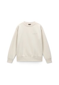 Lichtbeige sweatshirt met een ronde hals, lange mouwen en geribde manchetten. Bevat een subtiele 'NAPAPIJRI' logo in reliëftekst op de voorkant.