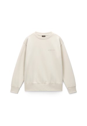Lichtbeige sweatshirt met een ronde hals, lange mouwen en geribde manchetten. Bevat een subtiele 'NAPAPIJRI' logo in reliëftekst op de voorkant.