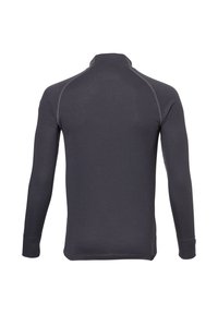 Donkergrijs shirt met lange mouwen en een ritssluiting bij de hals, uitgevoerd met vlakke naden en een gladde textuur, ontworpen voor comfort en bewegingsvrijheid.