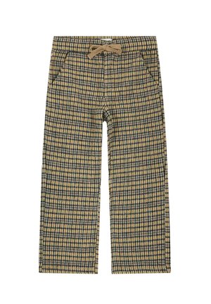Pantalon droit pour enfants avec motif pied-de-poule jaune, noir et blanc et cordon beige à la taille élastique.