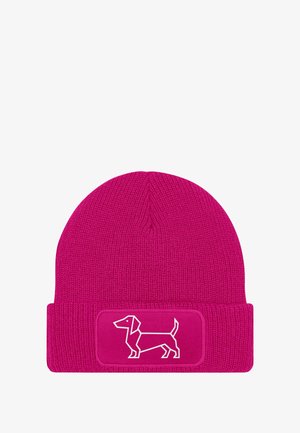 Pink knit beanie with a folded cuff, featuring a white embroidered dachshund design on a rectangular patch. Soft, textured material.