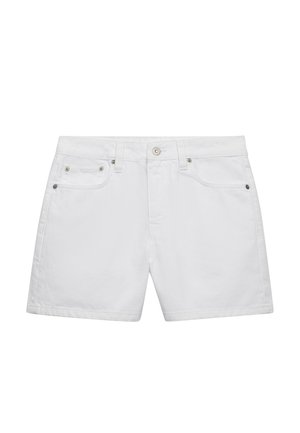 Białe szorty jeansowe o klasycznym kroju, z przednimi kieszeniami i srebrnymi elementami ozdobnymi, o gładkiej fakturze i czystym wykończeniu.