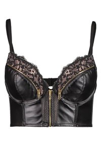 Svart läder bustier med spetsdetaljer, dragkedja framtill och strukturerad design. Har en meshpanel och detaljer i guldton.