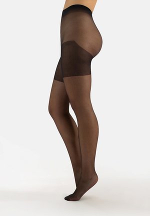 Collant neri trasparenti con una texture liscia, una vita alta e una punta rinforzata. Il design presenta un aspetto semi-trasparente.