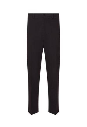 Pantaloni formali neri da uomo con passanti per cintura, chiusura con bottone e gambe slim dritte.
