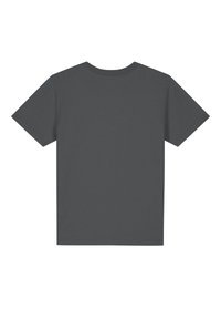 Dunkelgraues T-Shirt mit kurzen Ärmeln, runder Ausschnitt, glatte Textur, schlichtes Design, Rücken ohne Logos oder Muster.