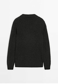 Dark gray ribbed knit sweater with a round neckline and long sleeves, featuring textured detailing along the shoulders and cuffs.