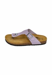 Helllila Flip-Flop-Sandale mit Korkfußbett, synthetischem Riemen, silberfarbener Schnallen-Detail und strukturiertem Gummisohle.