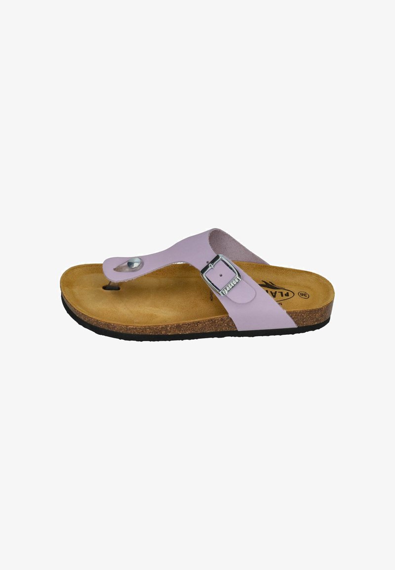 Helllila Flip-Flop-Sandale mit Korkfußbett, synthetischem Riemen, silberfarbener Schnallen-Detail und strukturiertem Gummisohle.