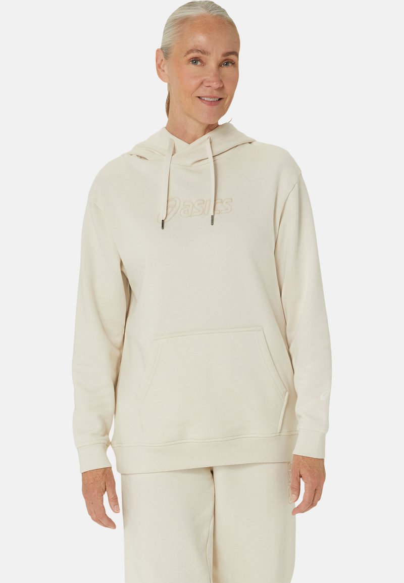 Beige hooded sweatshirt with a front pocket, featuring a tonal logo. Made of soft fabric, with ribbed cuffs and a smooth texture.