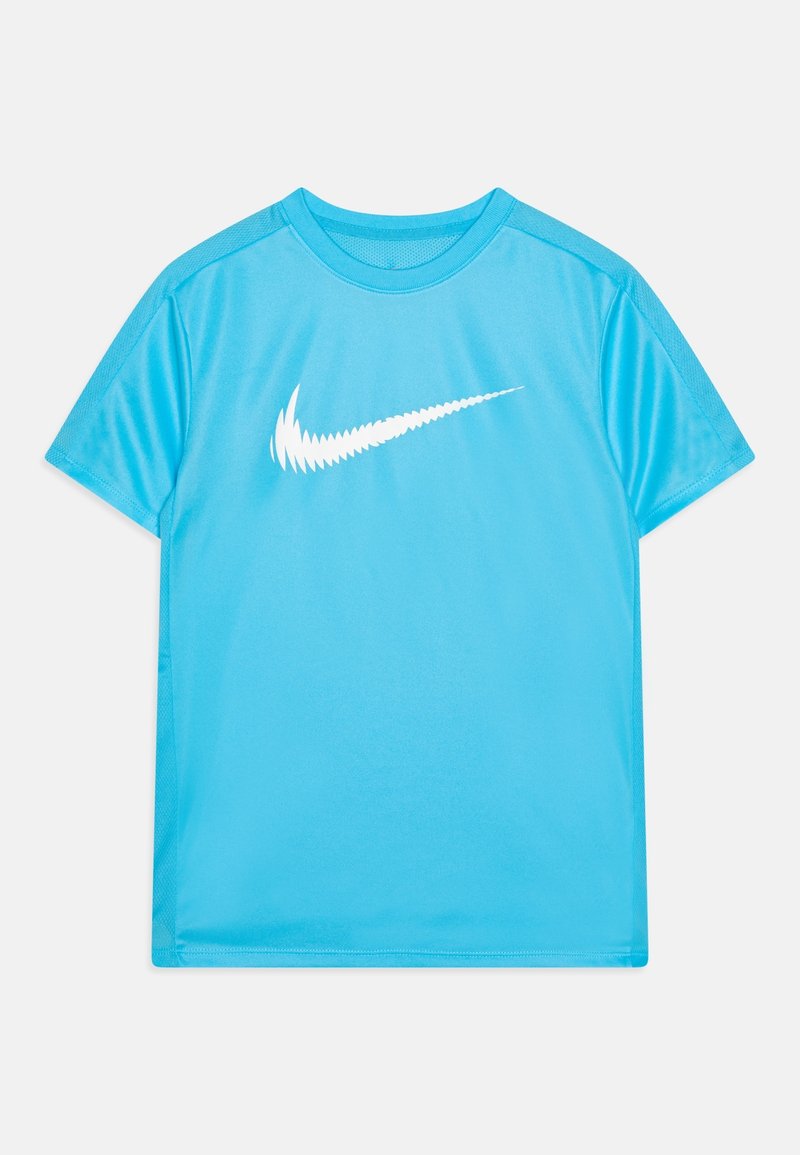 Himmelblaues Funktions-T-Shirt aus glattem, atmungsaktivem Material mit einem weißen Nike-Logo über der Brust und kurzen Ärmeln.