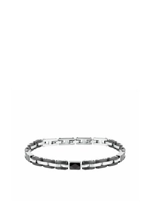 Bracciale in metallo argento e nero con maglia centrale con pietra nera quadrata e design moderno e lucido.