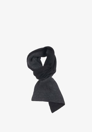 Black and dark gray wool blend scarf, featuring a soft texture with a twisted design and a pointed tip at each end.