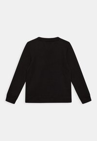 Felpa nera, misto cotone, collo rotondo, maniche lunghe, polsini e orlo a costine, dettaglio di cucitura a forma di V sul retro.