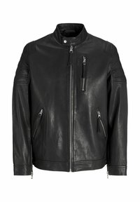 Svart lädermotorcykeljacka med ståkrage, flera fickor med dragkedja och texturerade ärmar. Har silverdetaljer och rak passform.