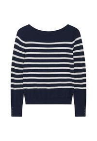 Pull en maille rayé bleu marine et crème avec un grand col, des manches longues et des détails de boutons sur les poignets. Il possède une taille ajustée.