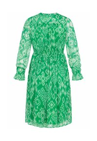 Zelené šaty s dlouhými, nafouklými rukávy. Vyrobené z lehké látky, s diamantovým a geometrickým vzorem. Elastický pas a volánkové manžety.